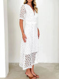Eyelet Lace V-Neck Midi Dress with Puff Sleeves - Velora Luxury Fashion