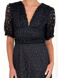 Eyelet Lace V-Neck Midi Dress with Puff Sleeves - Velora Luxury Fashion