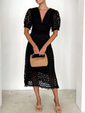 Eyelet Lace V-Neck Midi Dress with Puff Sleeves - Velora Luxury Fashion