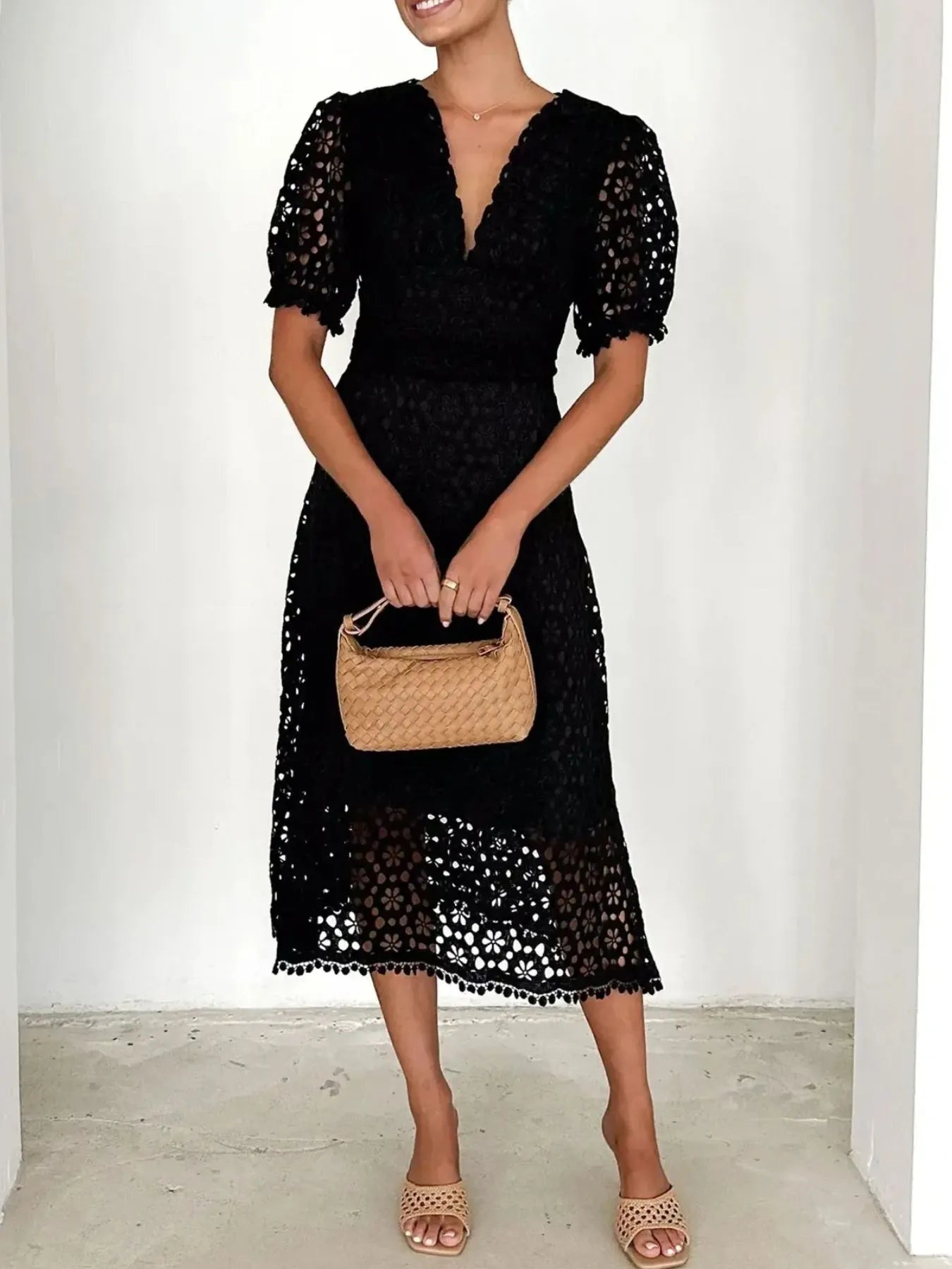 Eyelet Lace V-Neck Midi Dress with Puff Sleeves - Velora Luxury Fashion