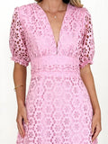 Eyelet Lace V-Neck Midi Dress with Puff Sleeves - Velora Luxury Fashion