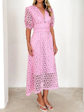 Eyelet Lace V-Neck Midi Dress with Puff Sleeves - Velora Luxury Fashion