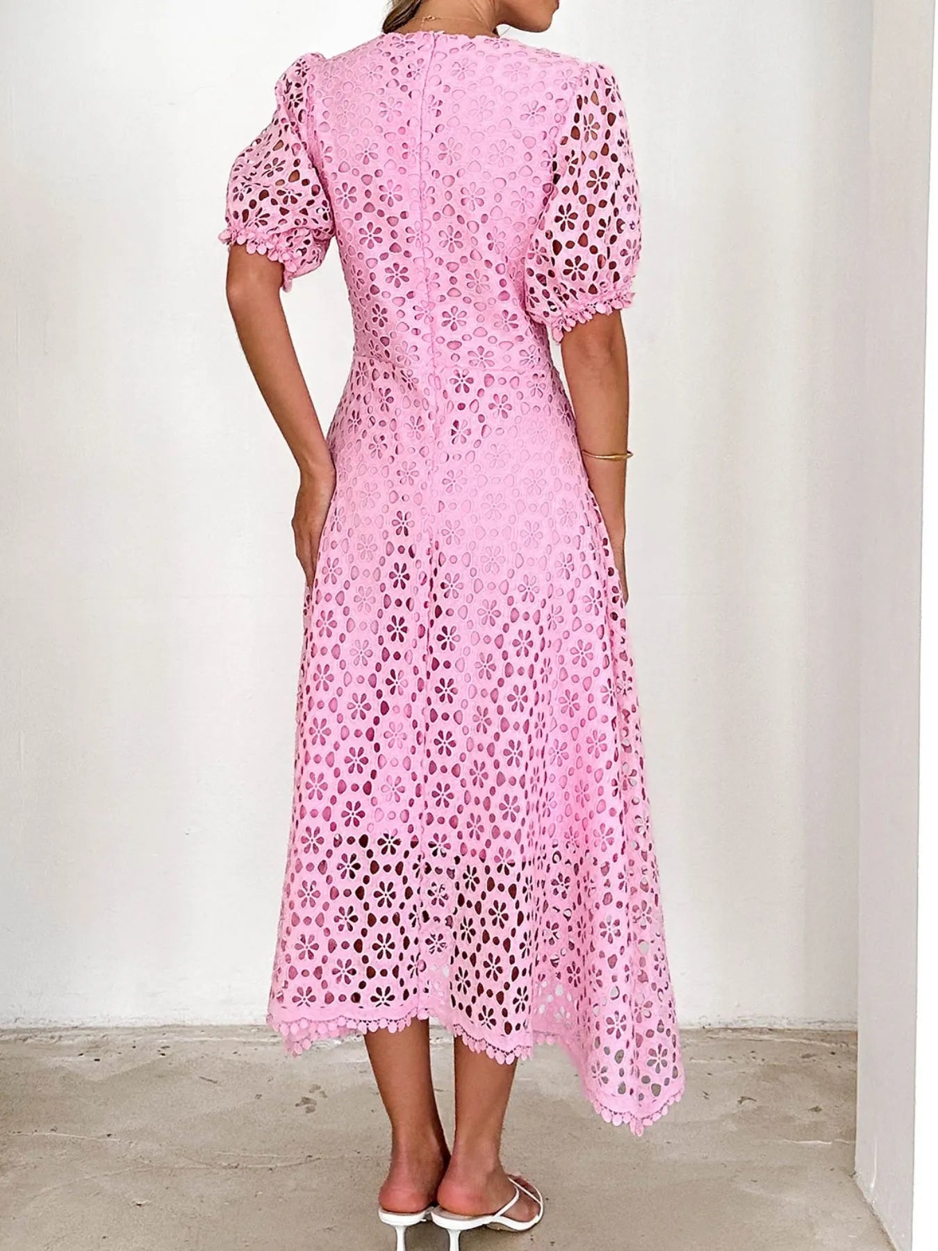 Eyelet Lace V-Neck Midi Dress with Puff Sleeves - Velora Luxury Fashion
