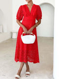 Eyelet Lace V-Neck Midi Dress with Puff Sleeves - Velora Luxury Fashion