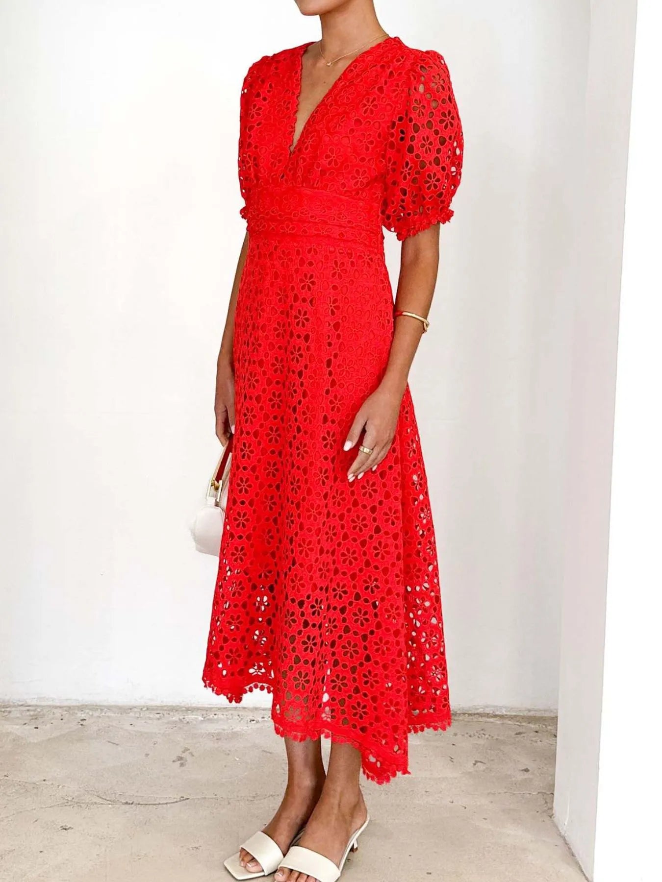 Eyelet Lace V-Neck Midi Dress with Puff Sleeves - Velora Luxury Fashion