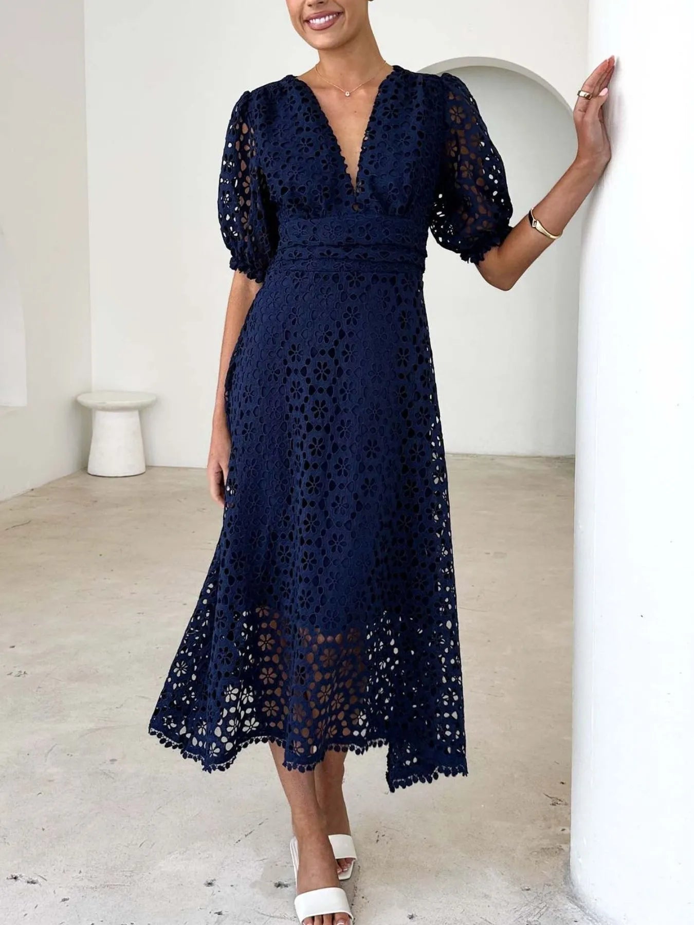 Eyelet Lace V-Neck Midi Dress with Puff Sleeves - Velora Luxury Fashion