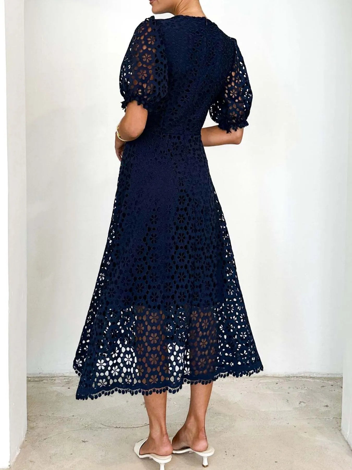 Eyelet Lace V-Neck Midi Dress with Puff Sleeves - Velora Luxury Fashion