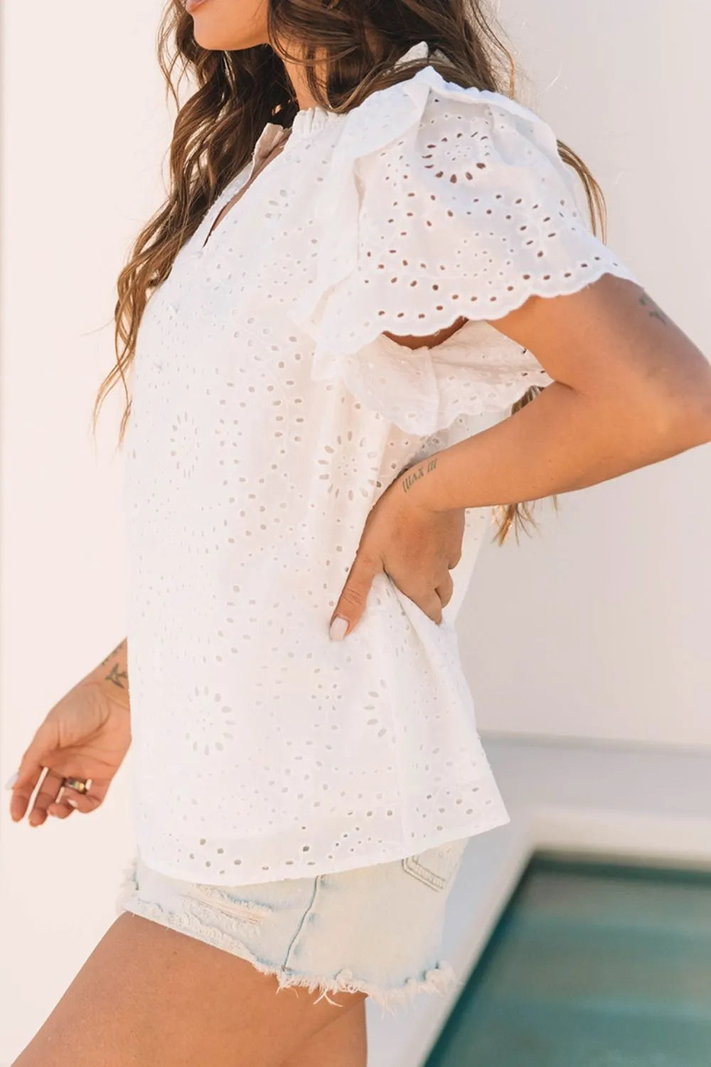 Eyelet Notched Short Sleeve Blouse - Velora Luxury Fashion