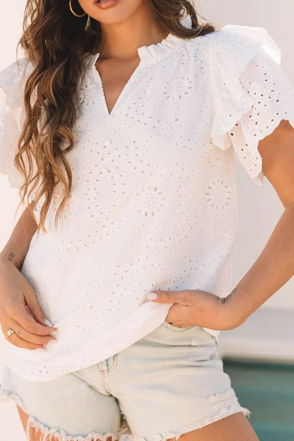Eyelet Notched Short Sleeve Blouse - Velora Luxury Fashion