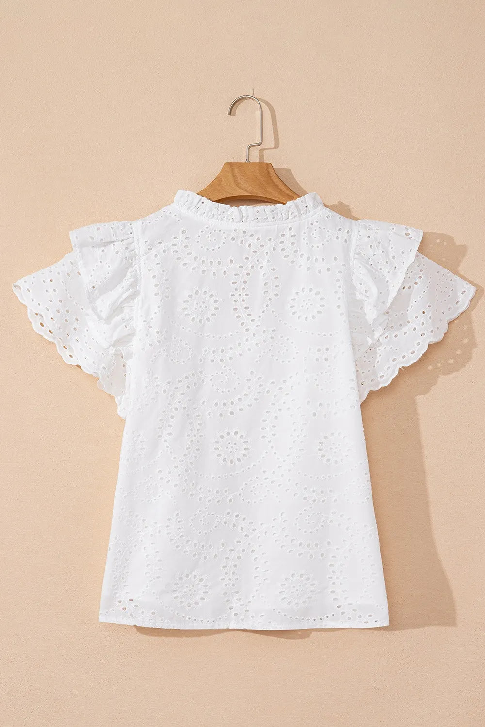Eyelet Notched Short Sleeve Blouse - Velora Luxury Fashion