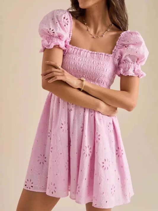 Eyelet Puff Sleeve Smocked Mini Dress - Velora Luxury Fashion
