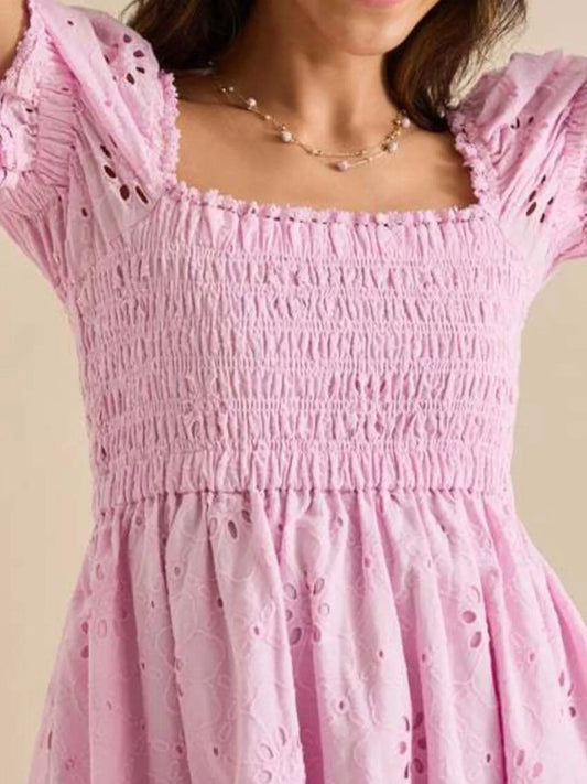 Eyelet Puff Sleeve Smocked Mini Dress - Velora Luxury Fashion