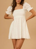 Eyelet Puff Sleeve Smocked Mini Dress - Velora Luxury Fashion