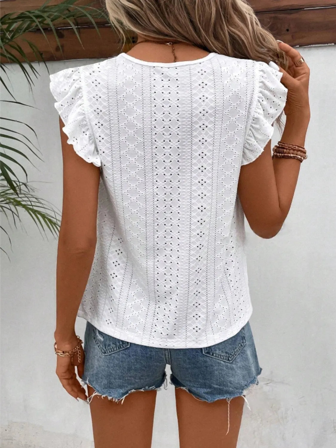 Eyelet Round Neck Cap Sleeve Top - Velora Luxury Fashion