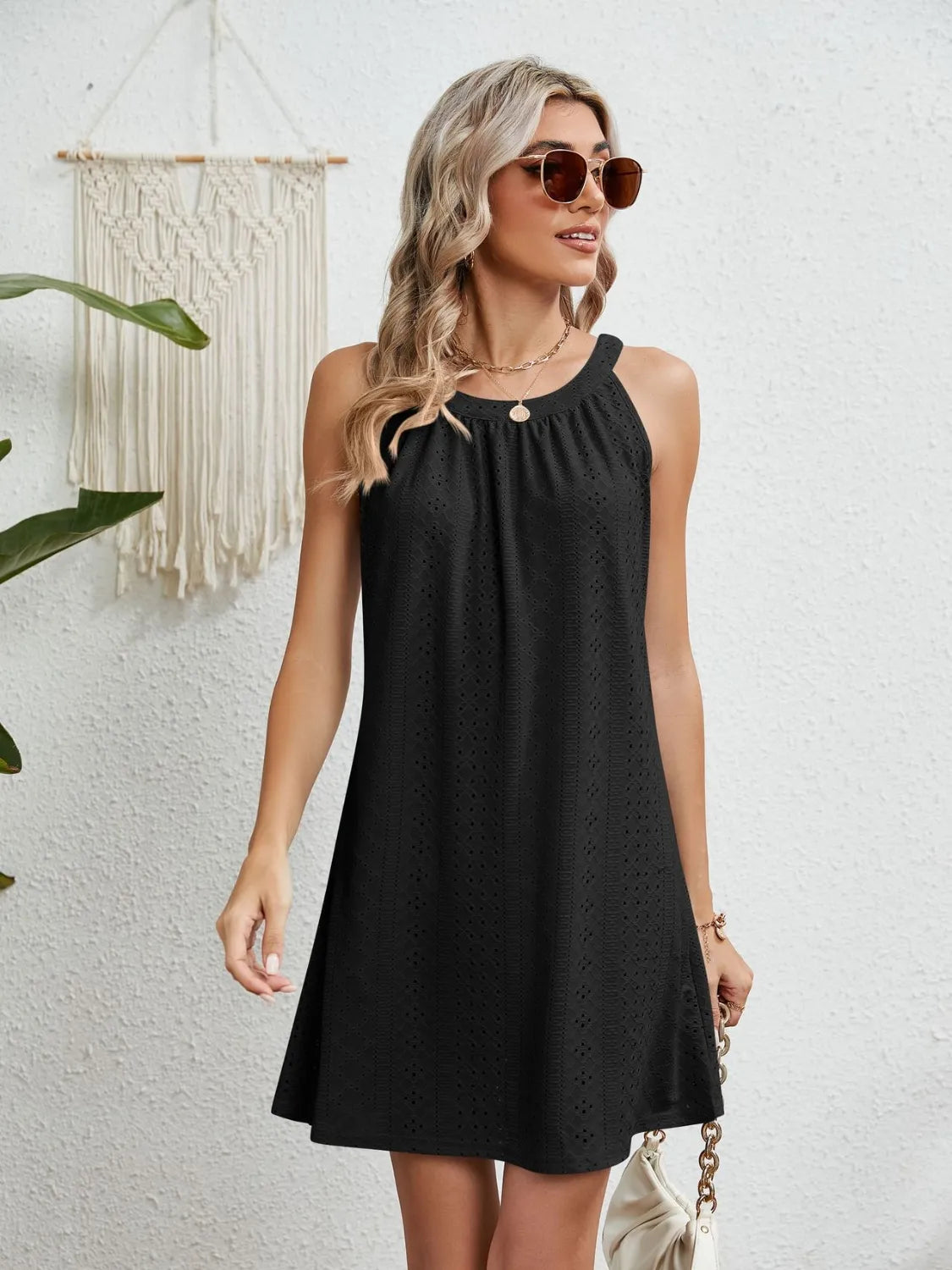 Eyelet Round Neck Sleeveless Dress - Velora Luxury Fashion