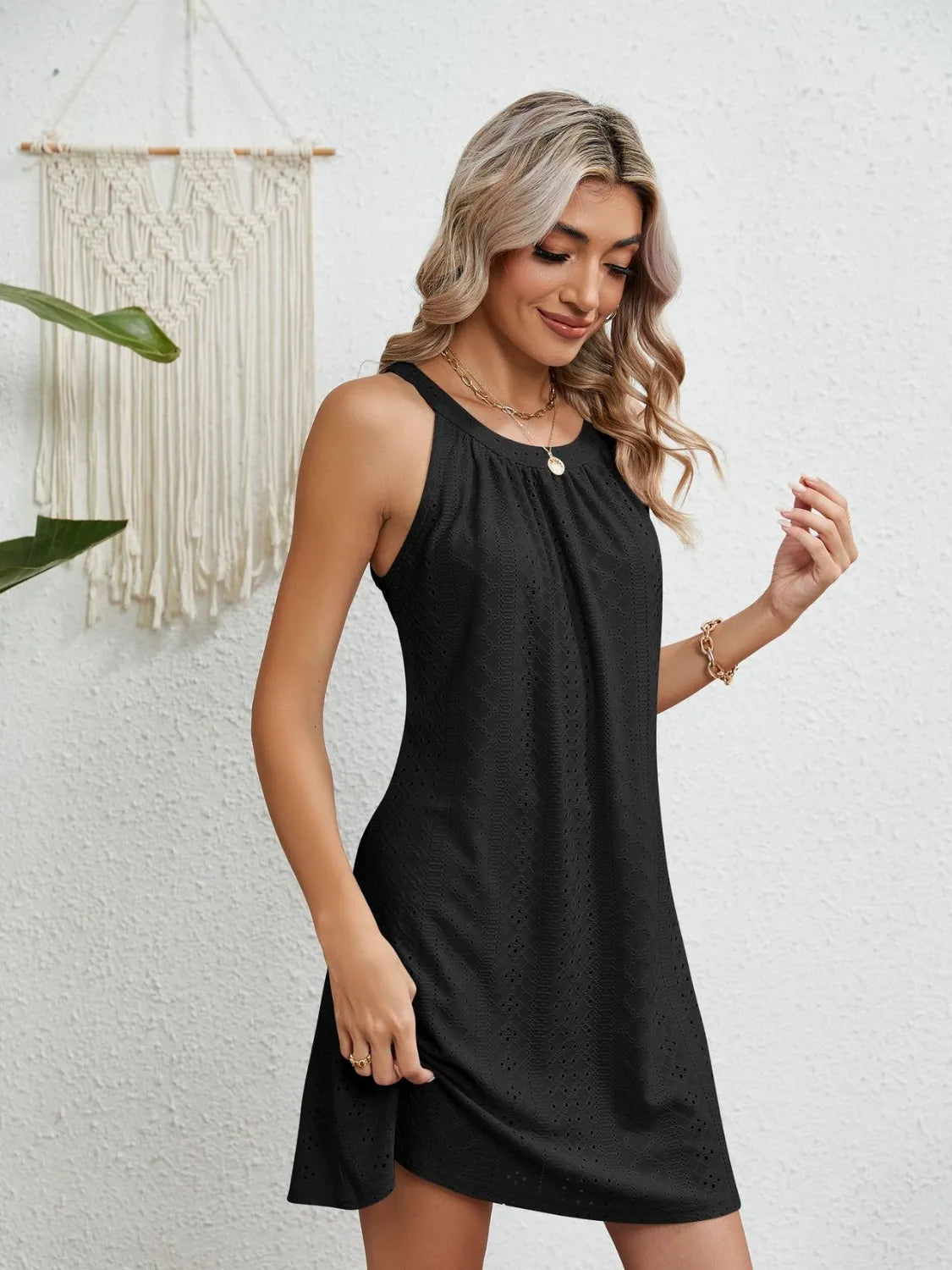 Eyelet Round Neck Sleeveless Dress - Velora Luxury Fashion