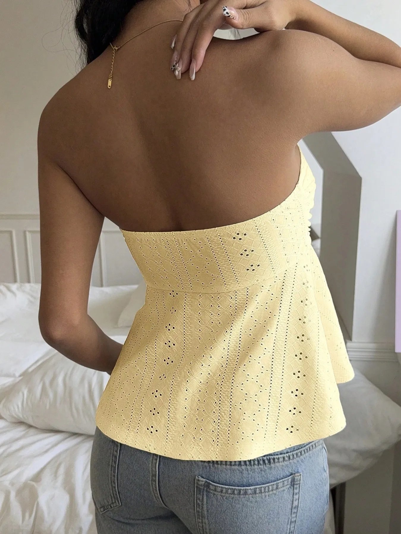 Eyelet Ruched Tube Top - Velora Luxury Fashion