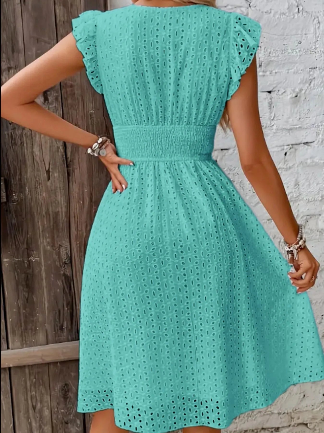 Eyelet Ruffled Cap Sleeve Mini Dress - Velora Luxury Fashion