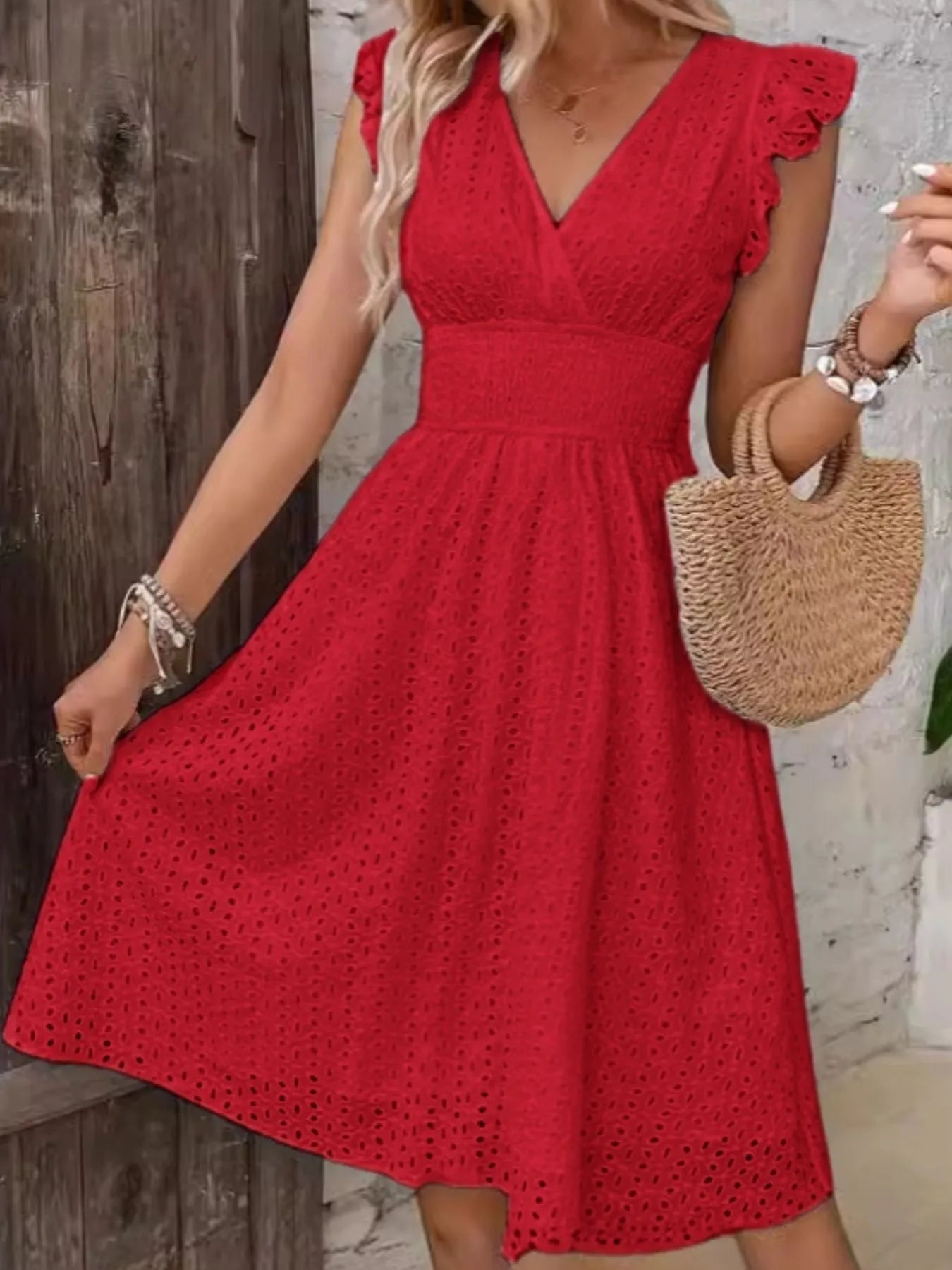 Eyelet Ruffled Cap Sleeve Mini Dress - Velora Luxury Fashion
