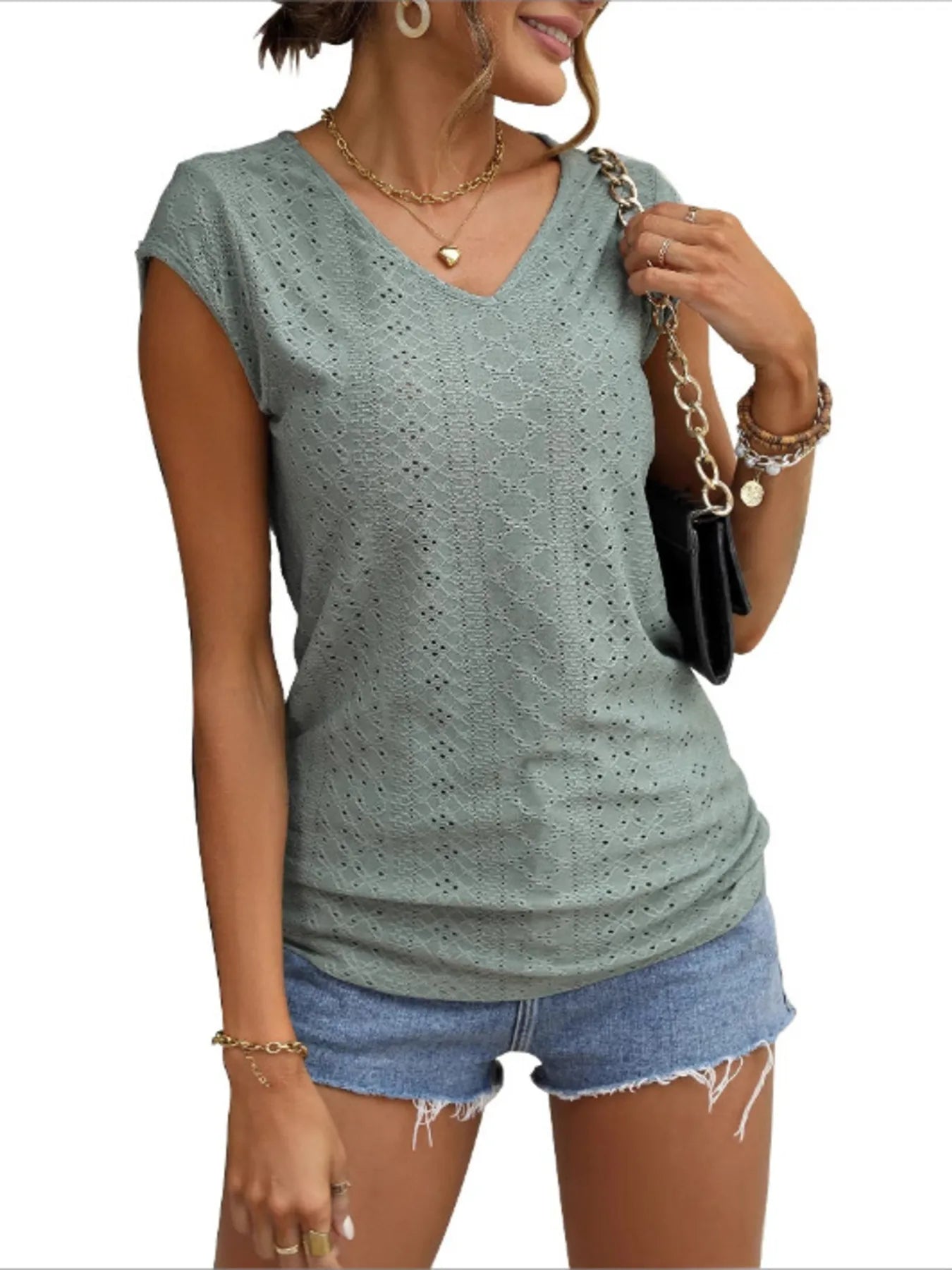 Eyelet V-Neck Cap Sleeve T-Shirt - Velora Luxury Fashion