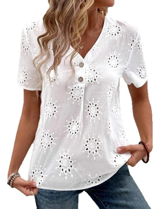 Eyelet V-Neck Short Sleeve Top - Velora Luxury Fashion