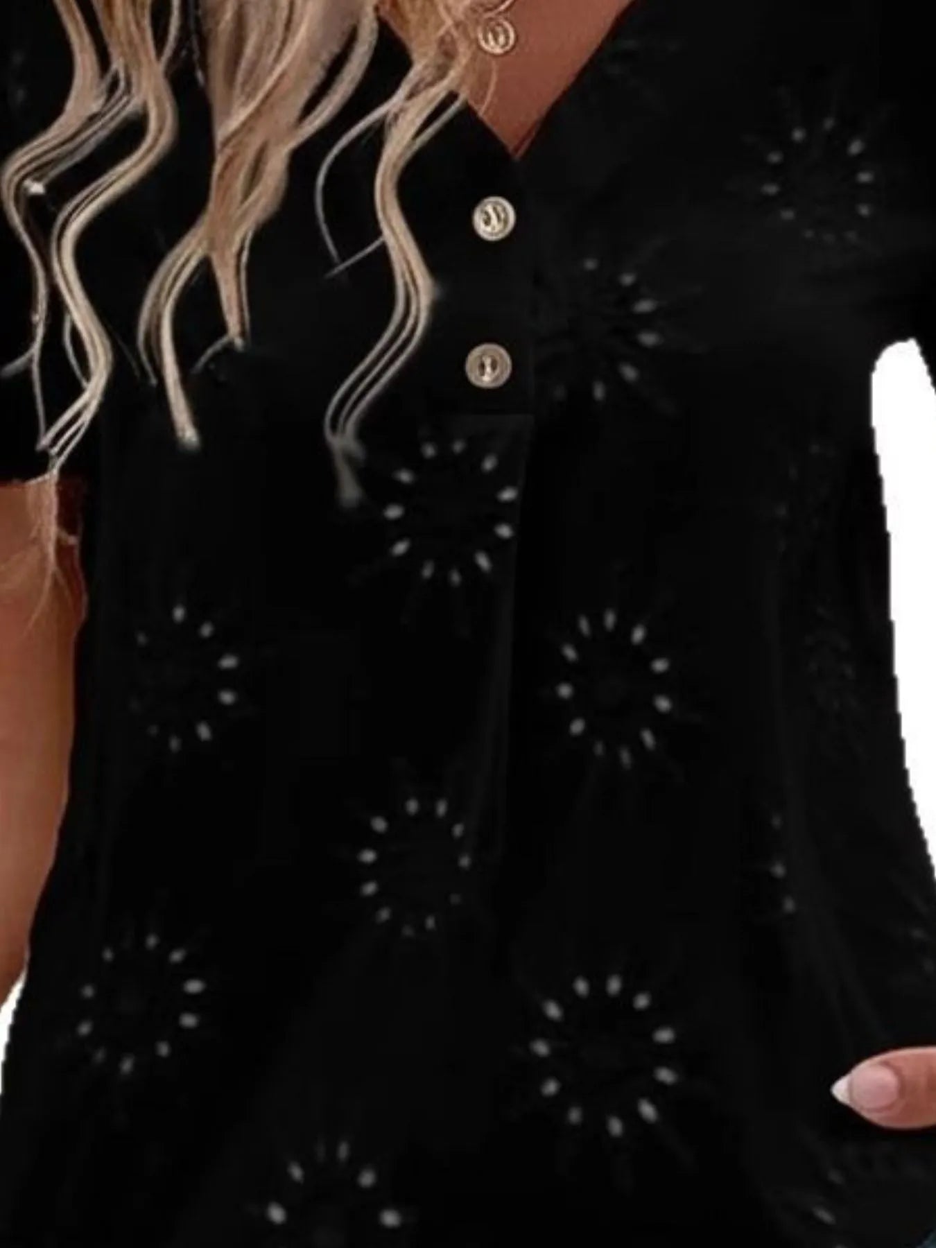 Eyelet V-Neck Short Sleeve Top - Velora Luxury Fashion