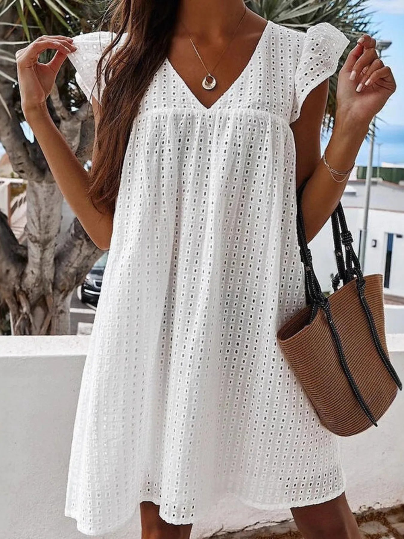 Eyelet V-Neck Summer Mini Dress - Velora Luxury Fashion