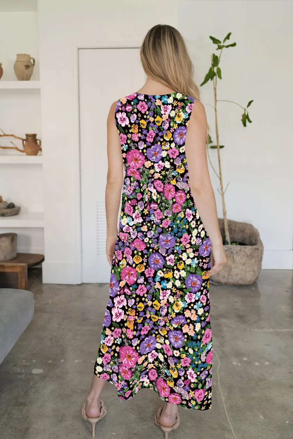 FAM-FAM Tiered Printed V-Neck Sleeveless Dress - Velora Luxury Fashion