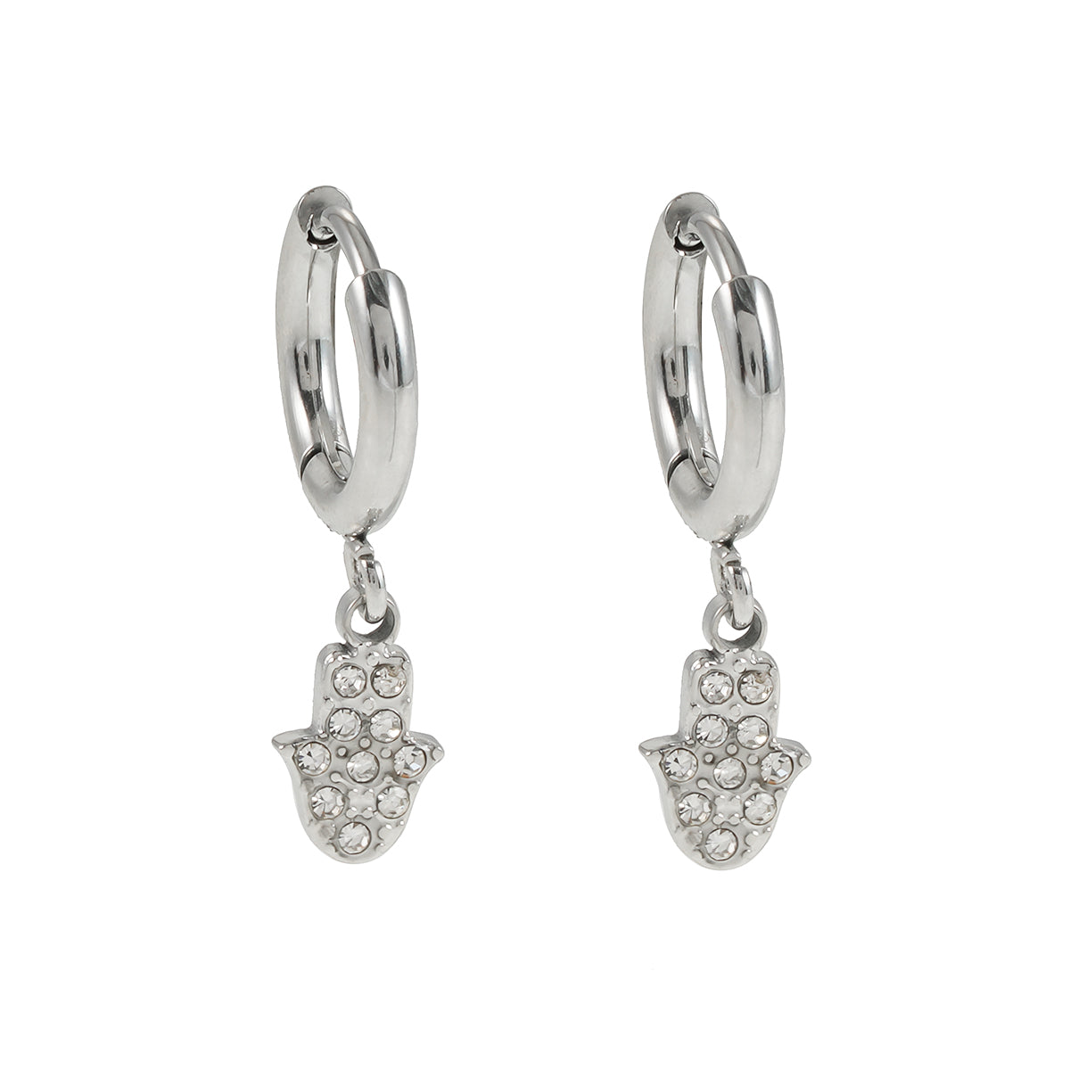 FATIMA White Gold (Silver Toned): Pavé Zirconia (CZ) Mini Hoop Earrings with Hamsa Hand Charm – A Perfect Blend of Style and Protection - Velora Luxury Fashion