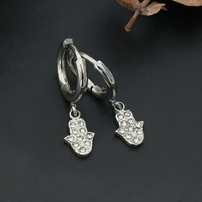 FATIMA White Gold (Silver Toned): Pavé Zirconia (CZ) Mini Hoop Earrings with Hamsa Hand Charm – A Perfect Blend of Style and Protection - Velora Luxury Fashion