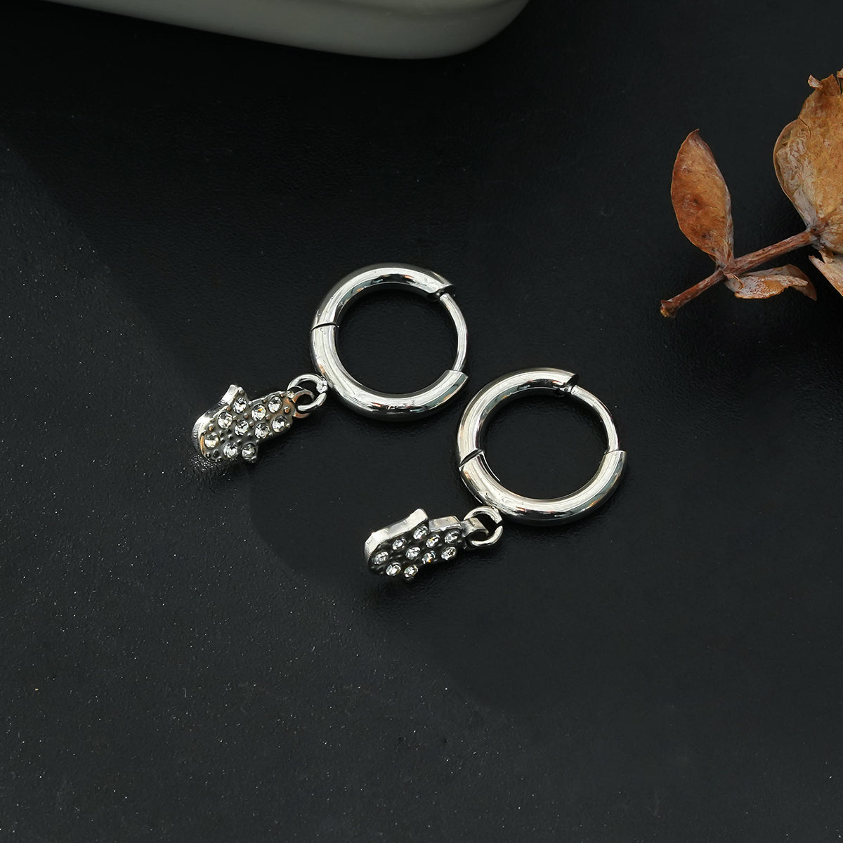 FATIMA White Gold (Silver Toned): Pavé Zirconia (CZ) Mini Hoop Earrings with Hamsa Hand Charm – A Perfect Blend of Style and Protection - Velora Luxury Fashion