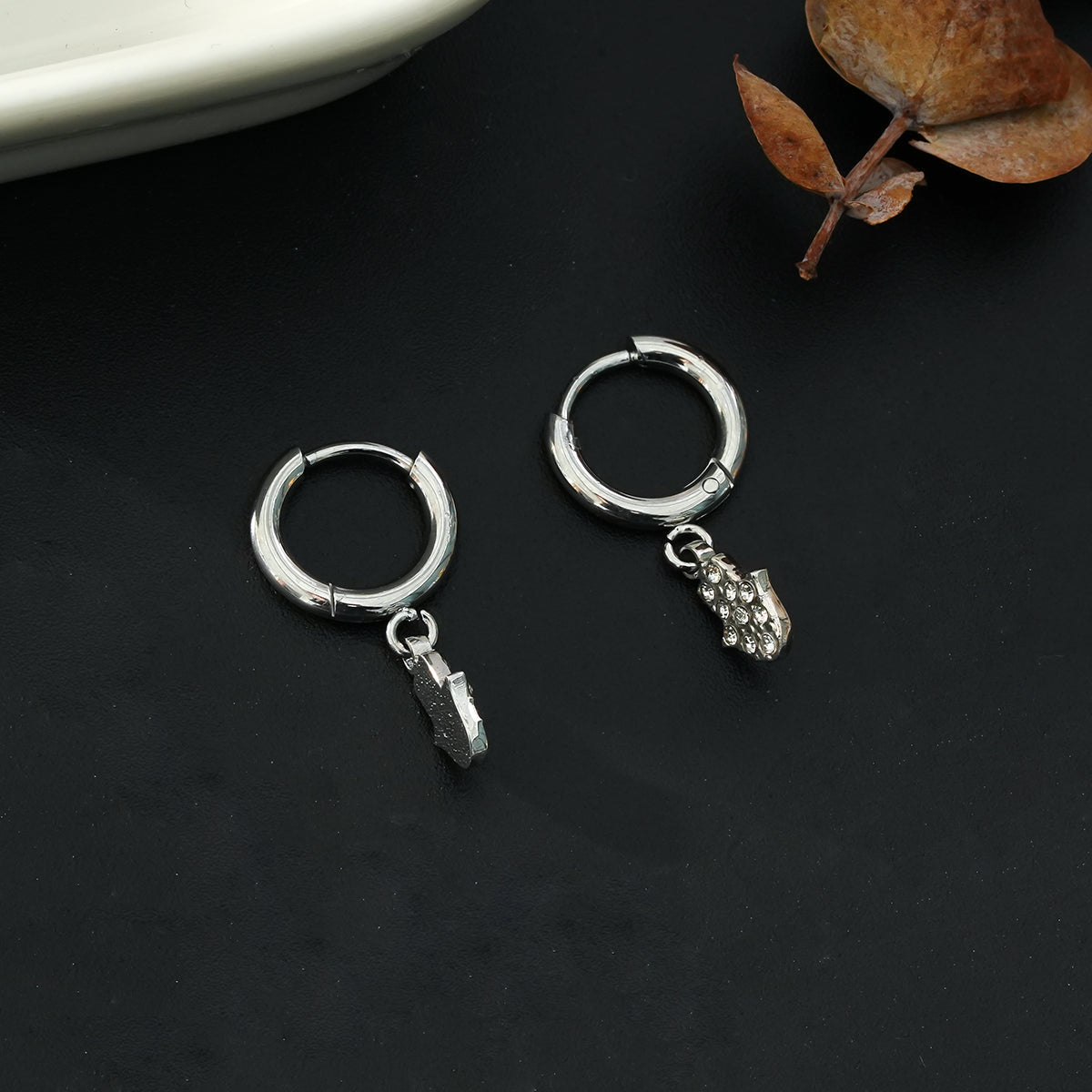 FATIMA White Gold (Silver Toned): Pavé Zirconia (CZ) Mini Hoop Earrings with Hamsa Hand Charm – A Perfect Blend of Style and Protection - Velora Luxury Fashion