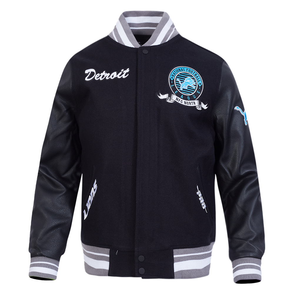 NFL DETROIT LIONS TEAM BADGE MEN'S RIB WOOL VARSITY JACKET FDL6411051-BGY - Velora