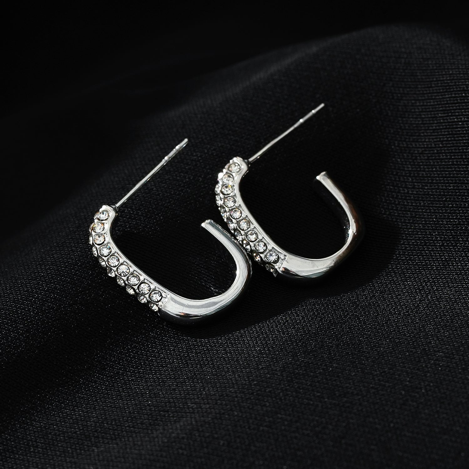 FIRLE Silver (White Gold): Partial Pavé Zirconia Oval Hoop Earrings - Velora Luxury Fashion