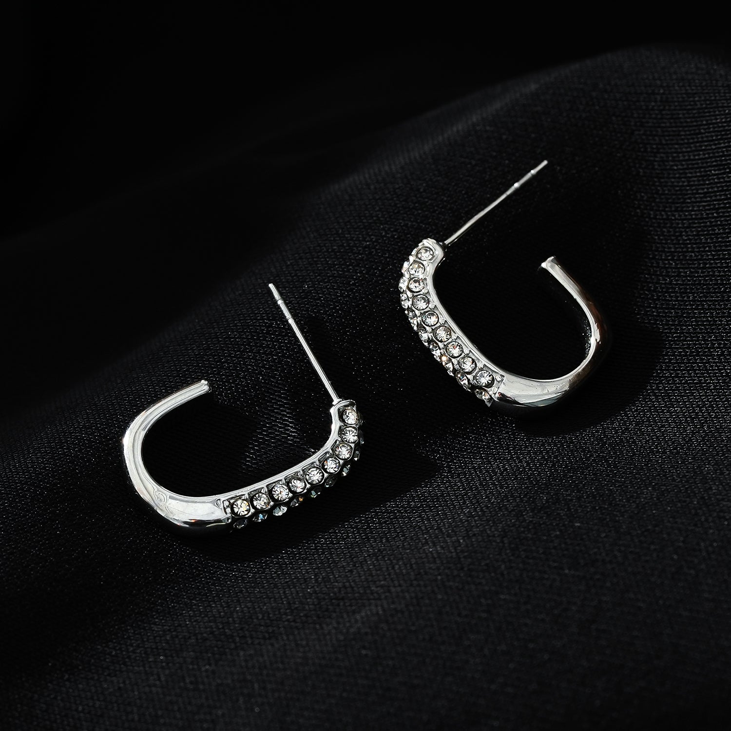 FIRLE Silver (White Gold): Partial Pavé Zirconia Oval Hoop Earrings - Velora Luxury Fashion