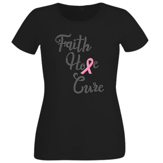 Faith Hope Cure Breast Cancer Rhinestone Shirt – Pink Ribbon Sparkle Bling Tee | Blingdazzel