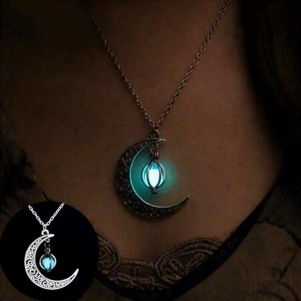 Fashion Moon Natural Glowing Stone Healing Necklace Women Gift Charm Luminous Pendant Necklace Jewelry - Velora