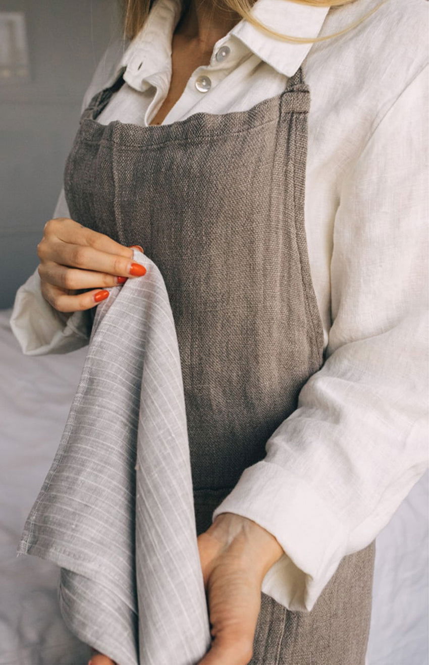 Findlay Linen Tea Towel Grey with White Stripes - Velora Luxury Fashion