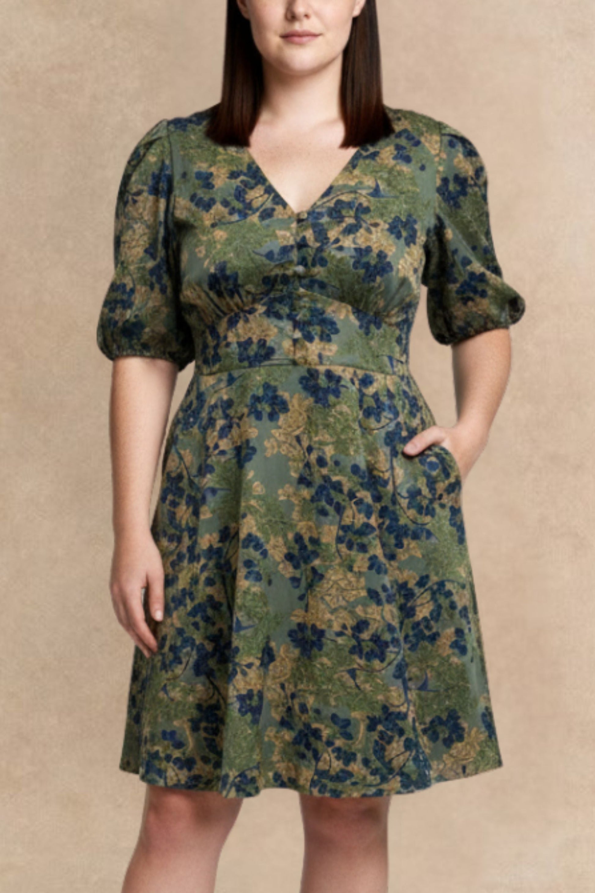 Fleur Green Floral Fit and Flare Dress Flowy Sleeves - Velora Luxury Fashion