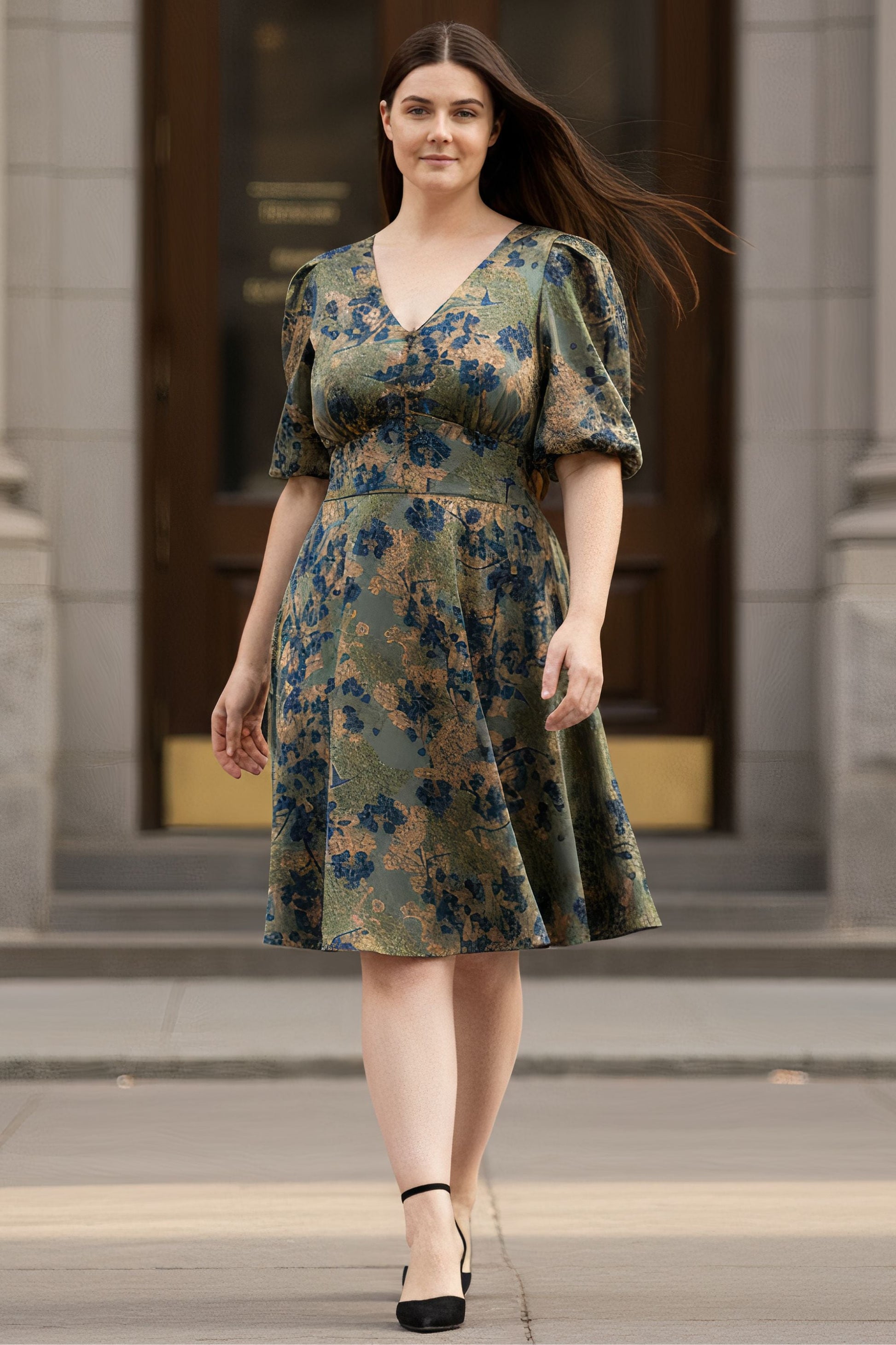 Fleur Green Floral Fit and Flare Dress Flowy Sleeves - Velora Luxury Fashion