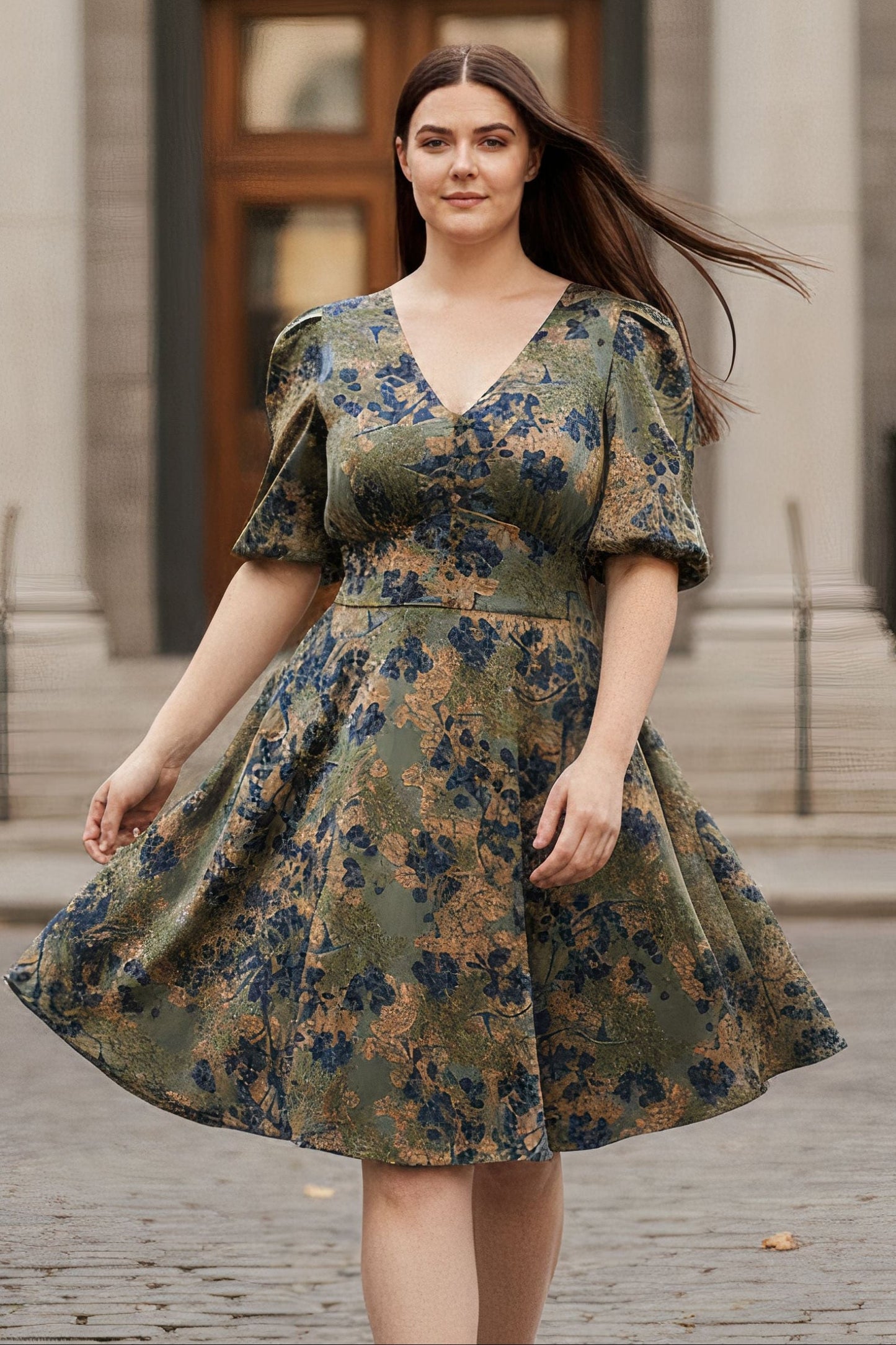 Fleur Green Floral Fit and Flare Dress Flowy Sleeves - Velora Luxury Fashion