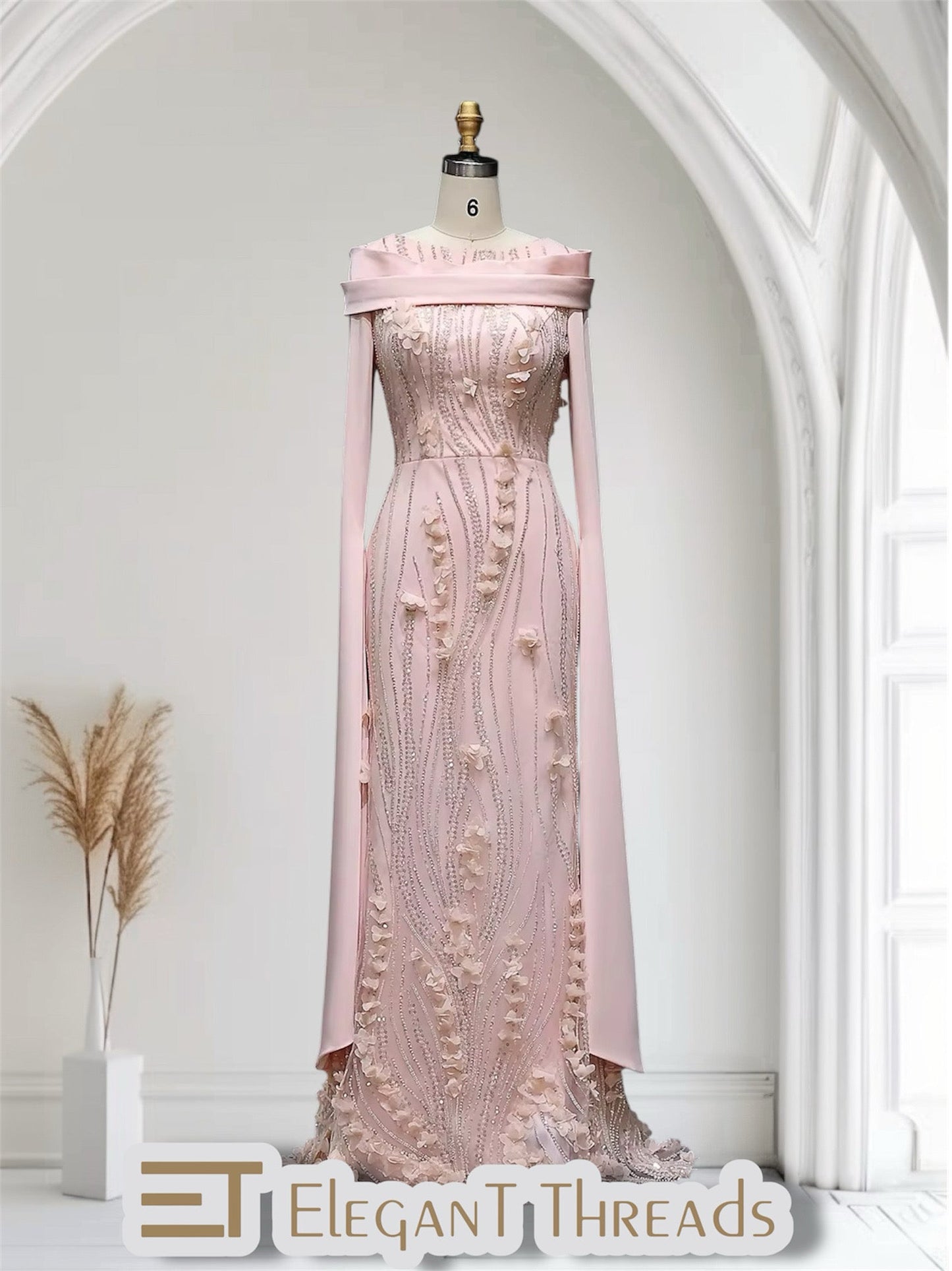 Floral Cape sleeves modest evening gown - Velora Luxury Fashion