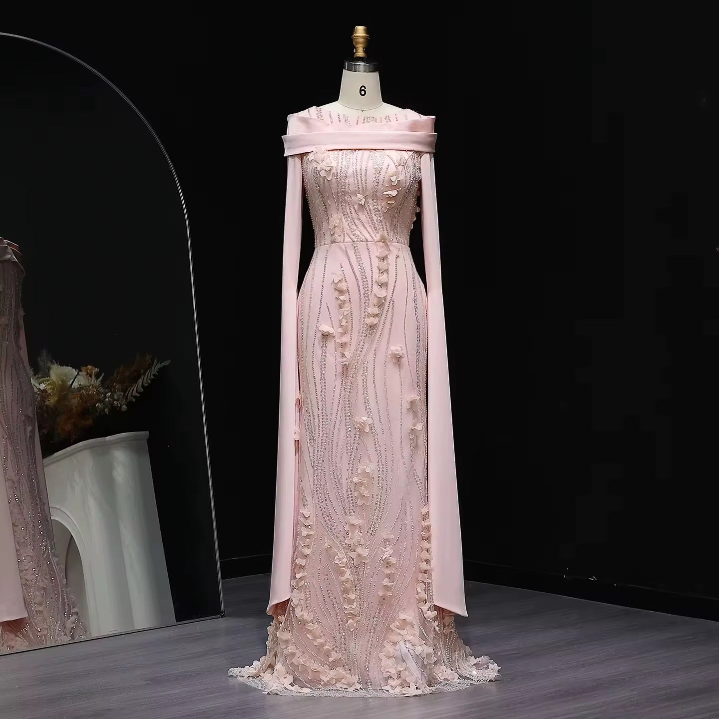 Floral Cape sleeves modest evening gown - Velora Luxury Fashion
