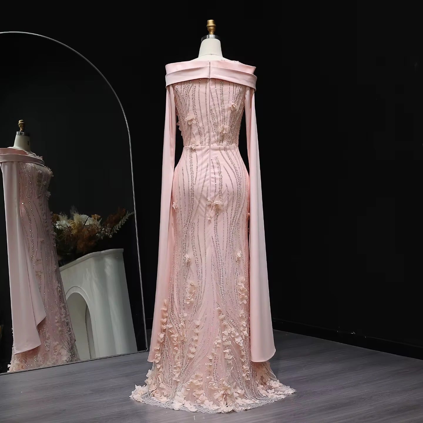 Floral Cape sleeves modest evening gown - Velora Luxury Fashion