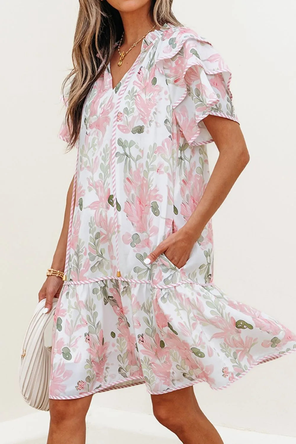 Floral Contrast Edge Layered Short Sleeve Mini Dress - Velora