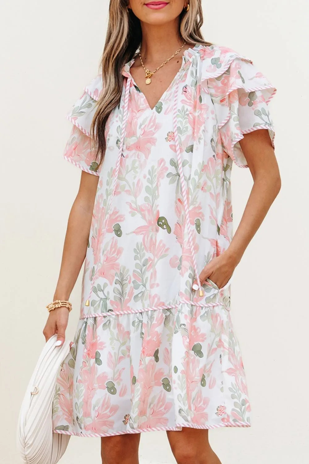 Floral Contrast Edge Layered Short Sleeve Mini Dress - Velora