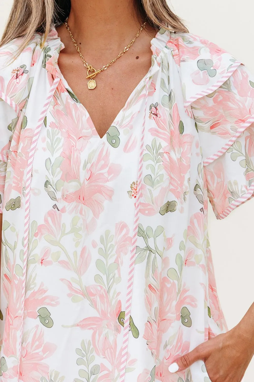 Floral Contrast Edge Layered Short Sleeve Mini Dress - Velora