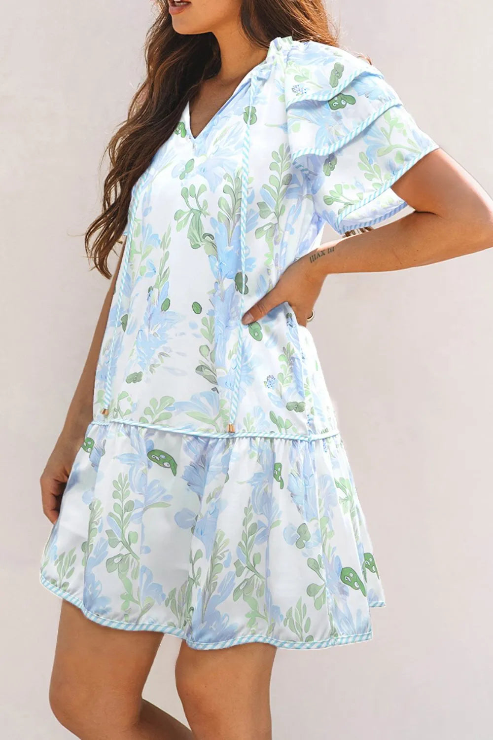 Floral Contrast Edge Layered Short Sleeve Mini Dress - Velora