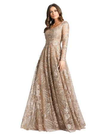 Floral Embroidered Long Sleeve Square Neck Gown - Velora Luxury Fashion