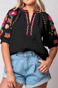 Floral Embroidered Notched Puff Sleeve Blouse - Velora Luxury Fashion
